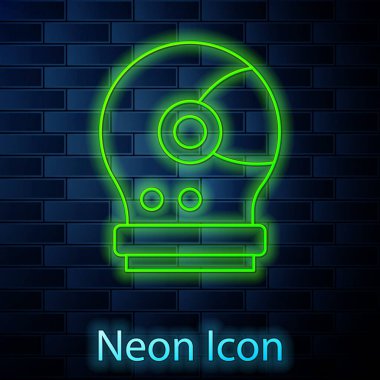 Parlayan neon hattı astronot başlığı simgesi tuğla duvar arkasında izole edildi. Vektör.