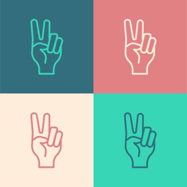 Pop art line Hand showing two finger icon isolated on color background. Hand gesture V sign for victory or peace. Vector.