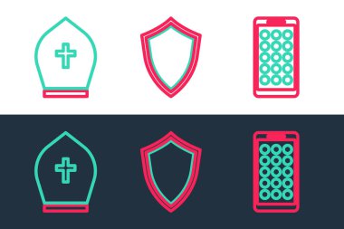 Set line Mobile Apps Pope hat and Shield icon. Vector.
