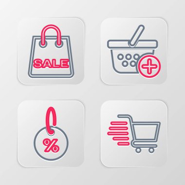 Set line Shopping cart Discount percent tag Add to basket and bag with Sale icon. Vector.