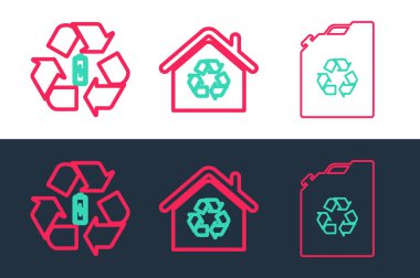 Set line Eco fuel canister Battery with recycle and House recycling icon. Vector.