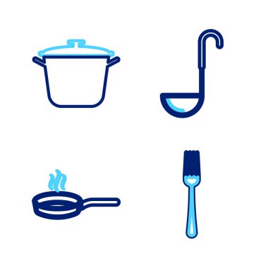 Set line Fork Frying pan Kitchen ladle and Cooking pot icon. Vector.