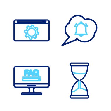 Set line Hourglass Monitor with FAQ information Speech bubble chat notification and Setting icon. Vector.