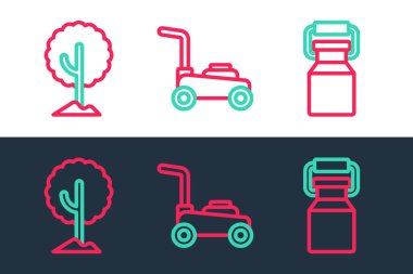 Set line Can container for milk Tree and Lawn mower icon. Vector.