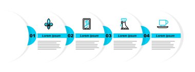 Set line Coffee cup French rooster Portrait in museum and Fleur De Lys icon. Vector.