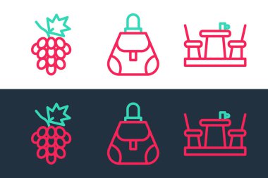 Set line French cafe Grape fruit and Handbag icon. Vector.