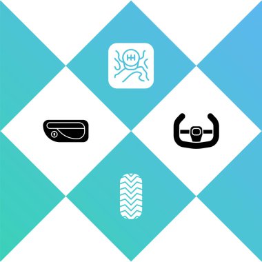 Set Car door handle, tire, Gear shifter and Sport steering wheel icon. Vector.