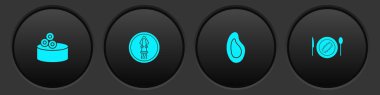 Set Tin can with caviar, Octopus on plate, Mussel and Served cucumber icon. Vector.