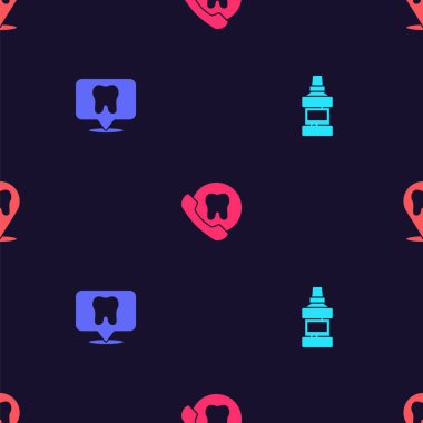 Set Mouthwash bottle, Dental clinic location, Online dental care and on seamless pattern. Vector.