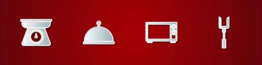Set Scales, Covered with tray, Microwave oven and Barbecue fork icon. Vector.