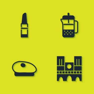 Set Lipstick, Notre Dame, French beret and press icon. Vector.