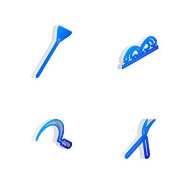 Set Isometric line Automatic irrigation sprinklers, Garden rake for leaves, Sickle and Gardening handmade scissor icon. Vector.