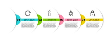 Set line Refresh, Bottle of water, Hand holding Earth globe and Shopping bag with recycle. Business infographic template. Vector.