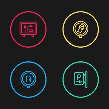 Set line Turn back road sign, Parking, Slippery traffic and Road icon. Vector.