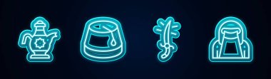 Set line Islamic teapot, Turkish hat, Arabian saber and Muslim woman in niqab. Glowing neon icon. Vector.