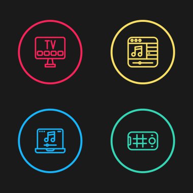 Set line Laptop with music, Selfie on mobile, Music player and Smart Tv icon. Vector.
