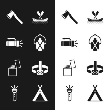 Set Canteen water bottle Flashlight Wooden axe Rafting boat Lighter Head flashlight Tourist tent and icon. Vector.