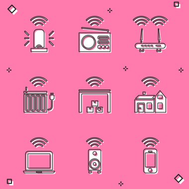 Set Smart flasher siren radio Router and wi-fi signal heating radiator warehouse home with wireless Wireless laptop and stereo speaker icon. Vector.
