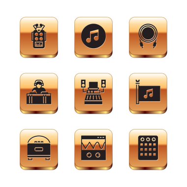 Set Microphone Stereo speaker Oscilloscope Music recording studio DJ playing music Audio jack Drum machine and note tone icon. Vector.