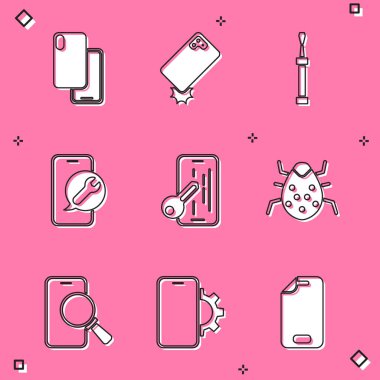 Set Smartphone Shockproof Screwdriver Mobile service Glass screen protector System bug Phone repair and icon. Vector.