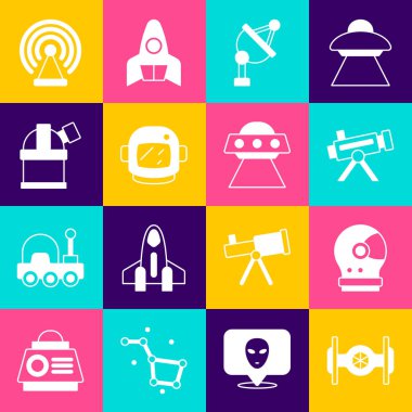 Set Cosmic ship Astronaut helmet Telescope Satellite dish Astronomical observatory Radar and UFO flying spaceship icon. Vector.