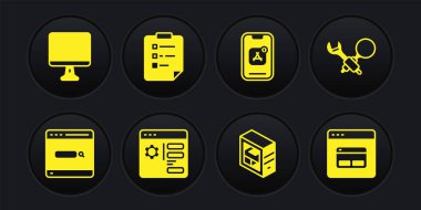 Set Search engine Debugging Browser setting Computer Mobile Apps Clipboard with checklist and monitor screen icon. Vector.