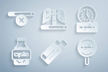 Set Lighter No smoking time Nicotine gum blister pack Disease lungs and icon. Vector.