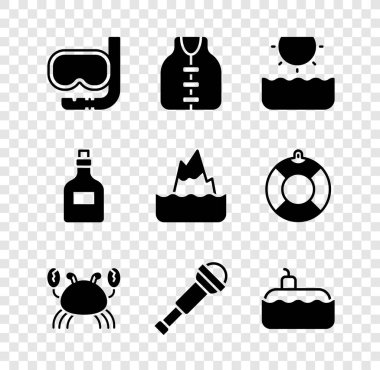 Set Diving mask and snorkel Life jacket Sun Crab Spyglass telescope lens Submarine Rum bottle and Iceberg icon. Vector.