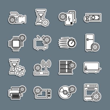 Set line Oven setting Toaster Refrigerator Power bank Tv Processor Video camera and Stopwatch icon. Vector.