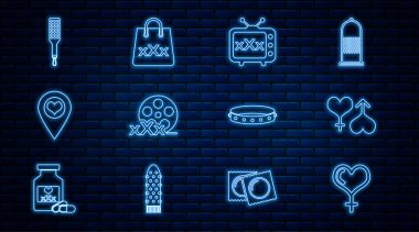 Set line Female gender and heart Male female Sex tv old television Film reel with Location Spanking paddle Leather fetish collar and Shopping bag triple X icon. Vector.