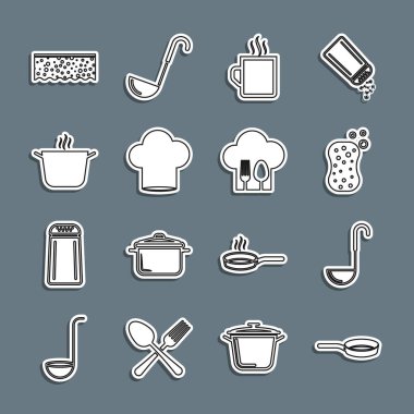 Set line Frying pan Kitchen ladle Sponge with bubbles Coffee cup Chef hat Cooking pot and fork and spoon icon. Vector.