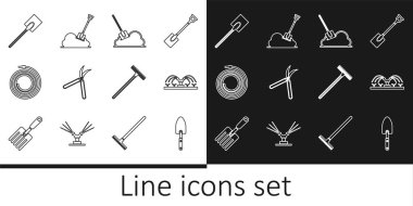 Set line Garden trowel spade or shovel Automatic irrigation sprinklers Shovel the ground Gardening handmade scissor hose fire hose rake and icon. Vector.
