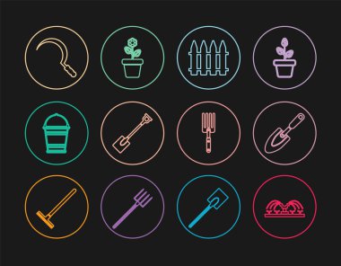Set line Automatic irrigation sprinklers Garden trowel spade or shovel fence Bucket Sickle fork and Flower pot icon. Vector.