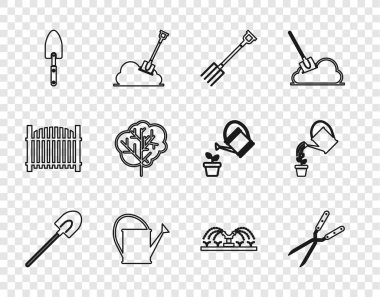 Set line Garden shovel Gardening handmade scissor pitchfork Watering can trowel spade Tree Automatic irrigation sprinklers and icon. Vector.