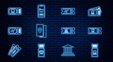 Set line Train ticket Bus Airline Cover book travel guide Museum and Online hotel booking icon. Vector.