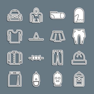 Set line Backpack Winter hat Pants Sport socks Gardener worker Long sleeve shirt bag and Skirt icon. Vector.