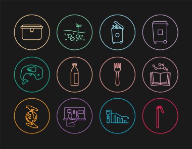 Set line Drinking plastic straw Open book Trash can Lotion cosmetic tube Environment protection whale dead Lunch box Disposable fork and Problem of pollution planet icon. Vector.