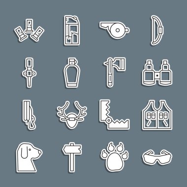 Set line Glasses Hunting jacket Binoculars Whistle Canteen water bottle Torch flame Cartridges and Wooden axe icon. Vector.