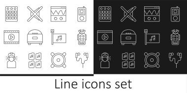 Set line Air headphones Microphone Oscilloscope Stereo speaker Online play video Drum machine Music festival flag and Speaker mute icon. Vector.