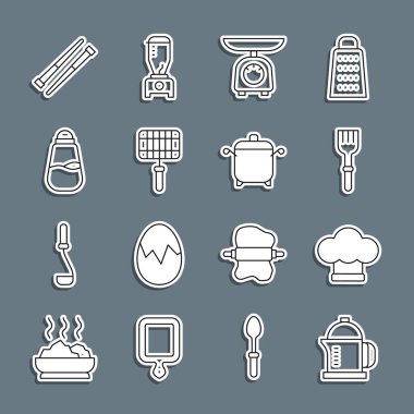Set line French press Chef hat Fork Scales Barbecue steel grid Salt Food chopsticks and Cooking pot icon. Vector.