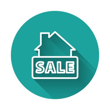 Beyaz çizgili uzun gölgeli metin satışı simgesi. Mesaj indirimli tabela. Yeşil daire düğmesi. Vektör.