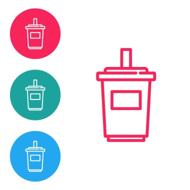 Beyaz zemin üzerinde saman ve su ikonu olan kırmızı çizgi kağıt bardak. Soda bardağı. Taze soğuk içecek sembolü. Simgeleri daire düğmelerine ayır. Vektör.