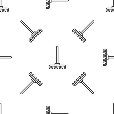 Gri çizgili bahçe tırmık ikonu beyaz arka planda izole edilmiş pürüzsüz desen. Bahçecilik, tarım, çiftçilik aleti. Toprak işçisi. Temizlik ekipmanları. Vektör.