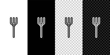 Set line Garden pitchfork icon isolated on black and white, transparent background. Garden fork sign. Tool for horticulture, agriculture, farming. Vector.