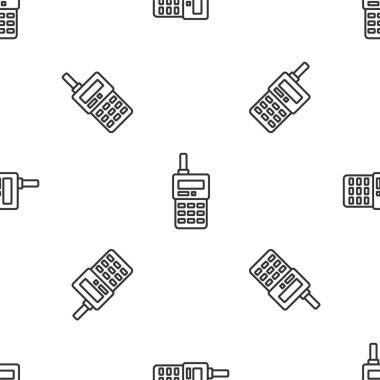 Gri çizgi telsiz ikonu beyaz arka planda izole edilmiş kusursuz desen. Taşınabilir radyo vericisi simgesi. Radyo alıcı-vericisi işareti. Vektör.