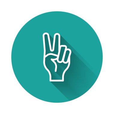 White line Hand showing two finger icon isolated with long shadow background. Hand gesture V sign for victory or peace. Green circle button. Vector.