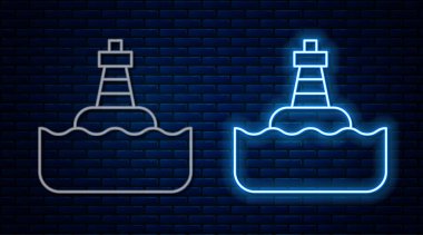 Tuğla duvarda izole edilmiş deniz ikonu üzerinde parlayan neon hattı yüzen şamandıra. Vektör.