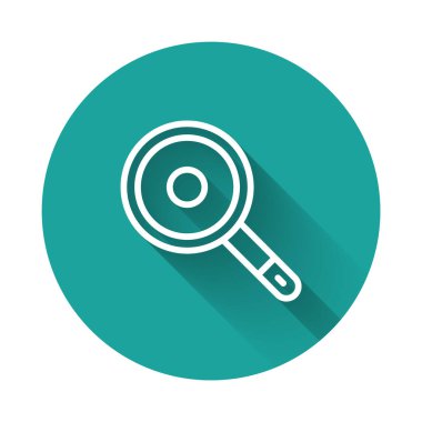 White line Frying pan icon isolated with long shadow background. Fry or roast food symbol. Green circle button. Vector.