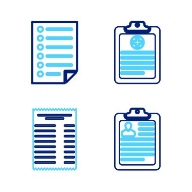 Set line Clipboard with resume Paper or financial check Clinical record and Document icon. Vector.