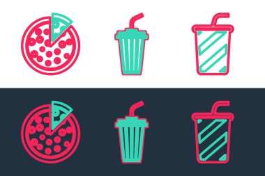 Set line Glass with water Pizza and icon. Vector.